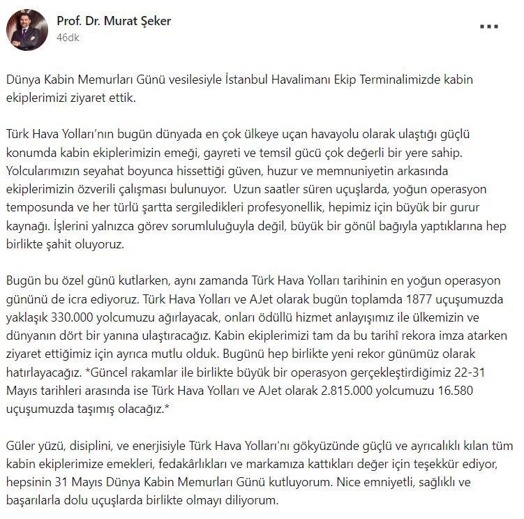 THY Yönetim Kurulu Başkanı Murat Şeker, Dünya Kabin Memurları Günü’nü kutladı